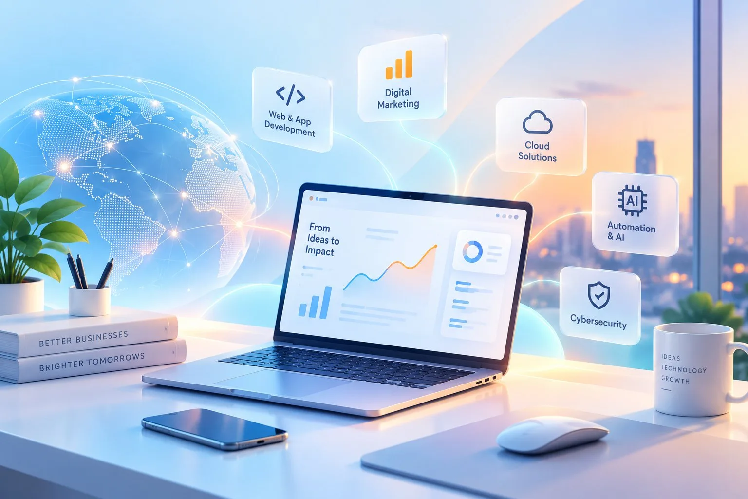 Laptop showing business growth analytics surrounded by NexIT service areas - web and app development, digital marketing, cloud, automation and AI